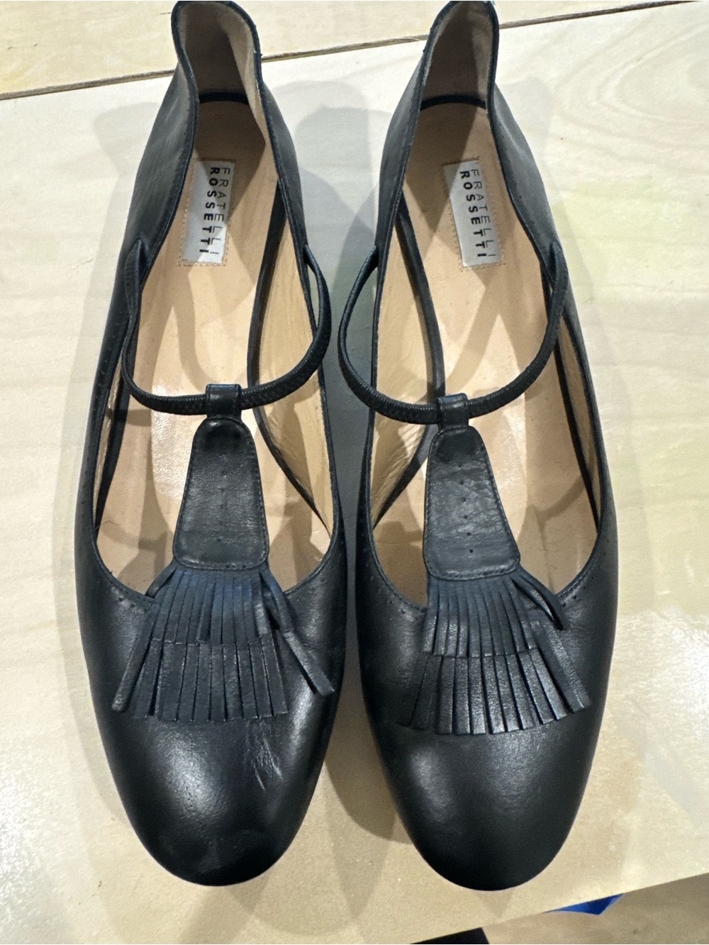 Fratelli Rosetti Black Leather Fringe T-Strap Flats